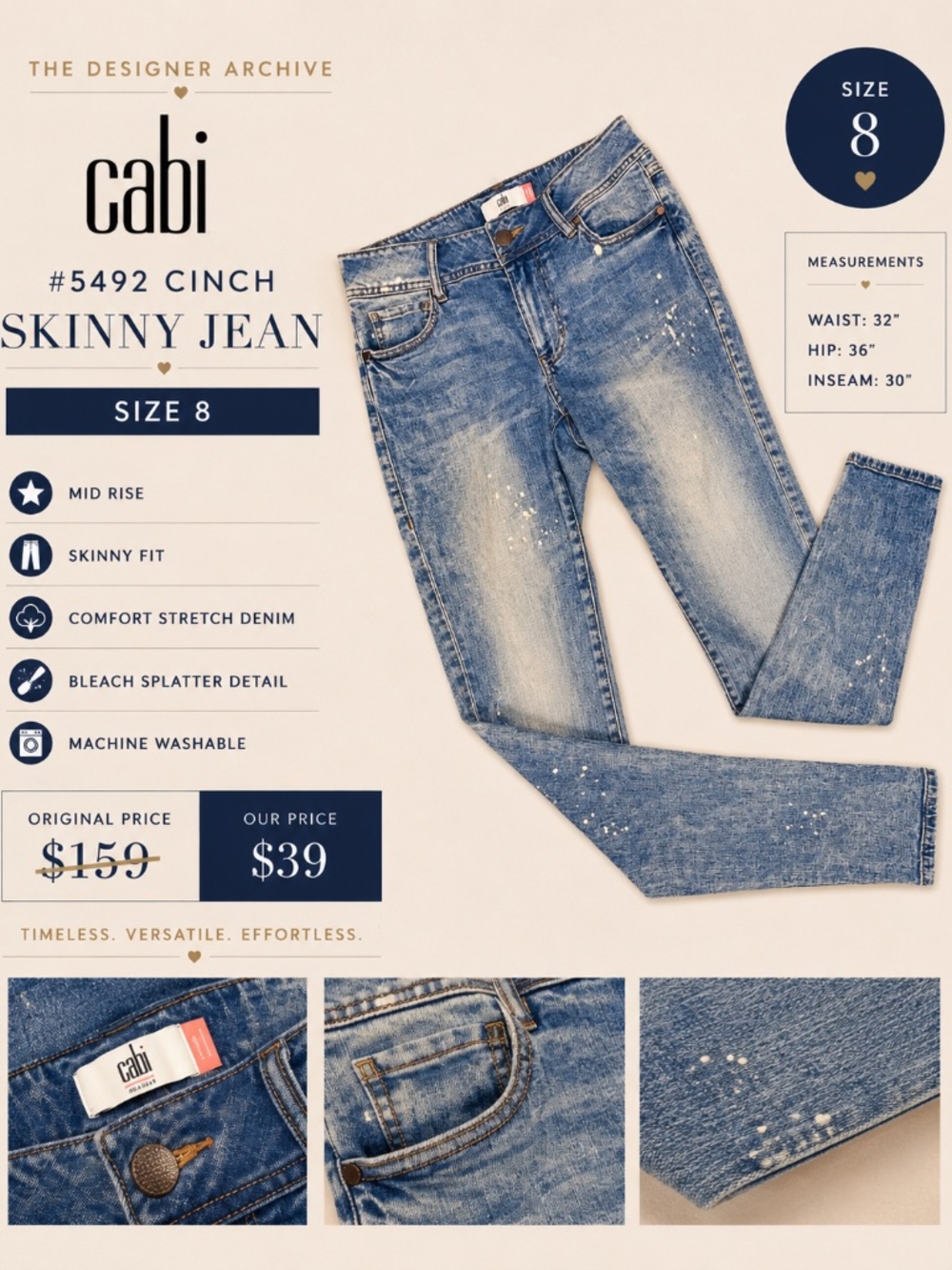 CAbi Cinch Skinny Jeans #5492 Size 8 Bleach Splatter
